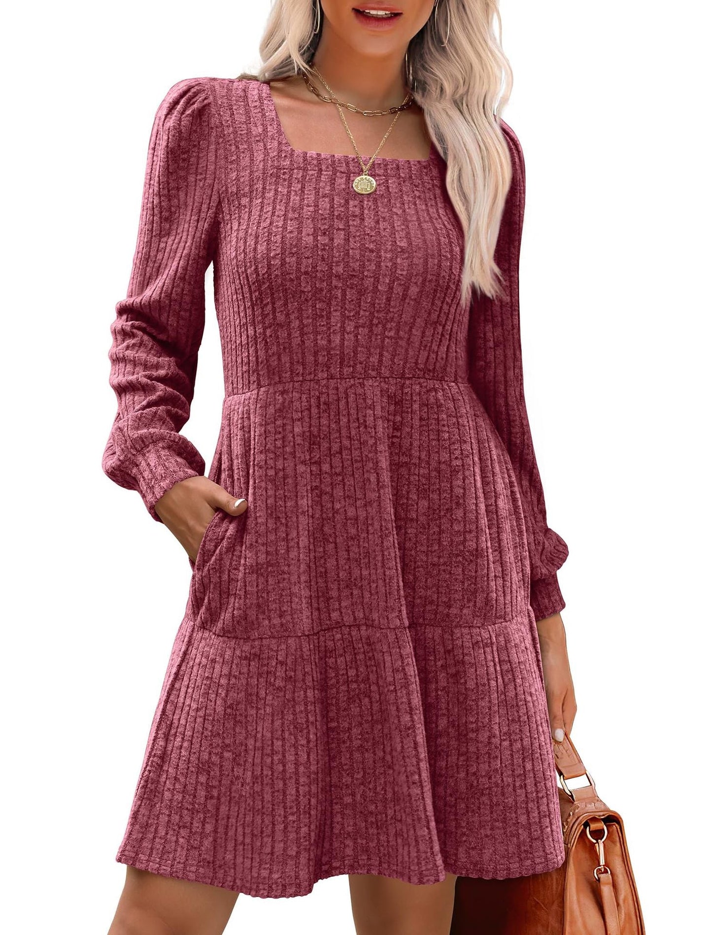 Women's Square Neck Long Sleeve Autumn Sweater Dress