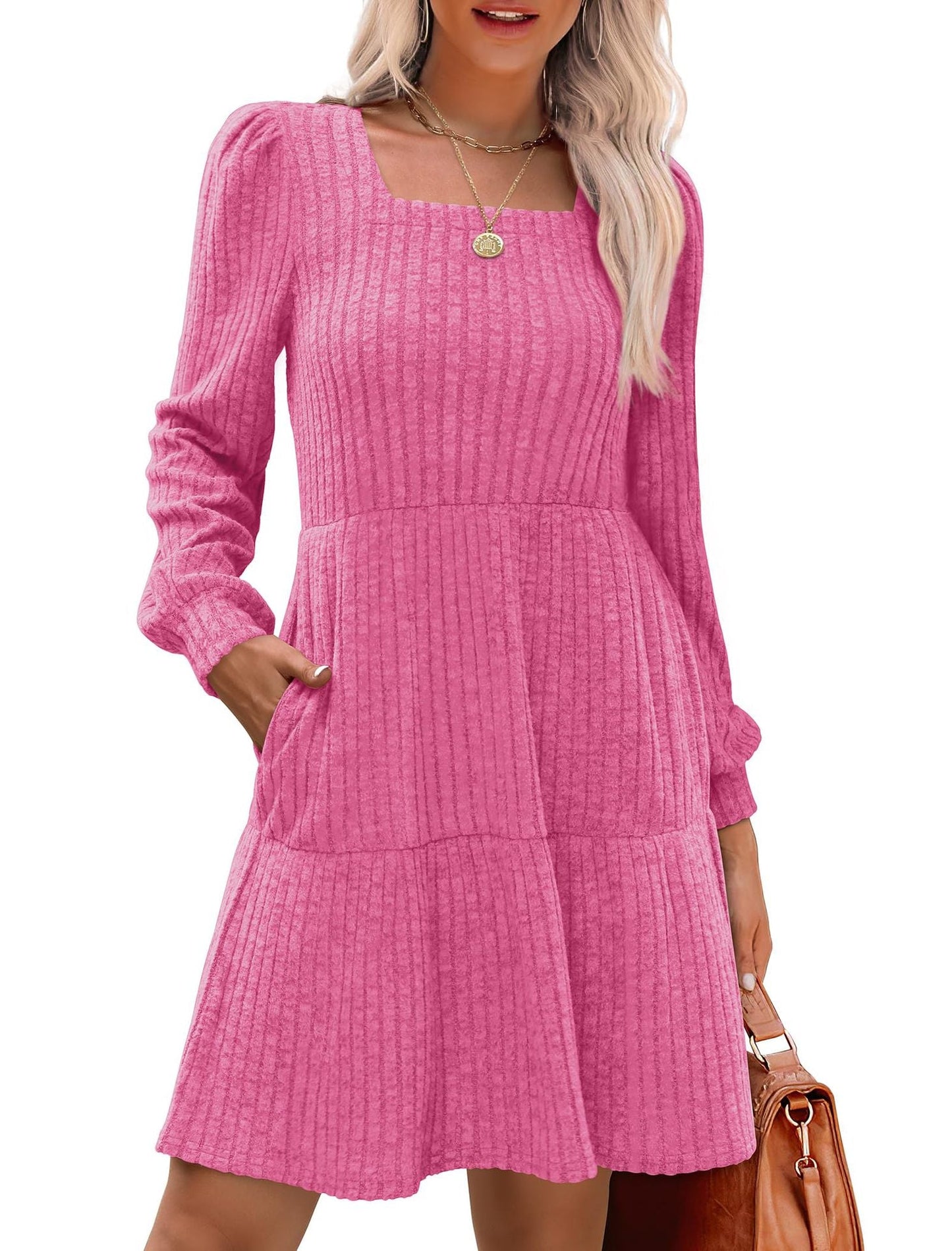 Women's Square Neck Long Sleeve Autumn Sweater Dress