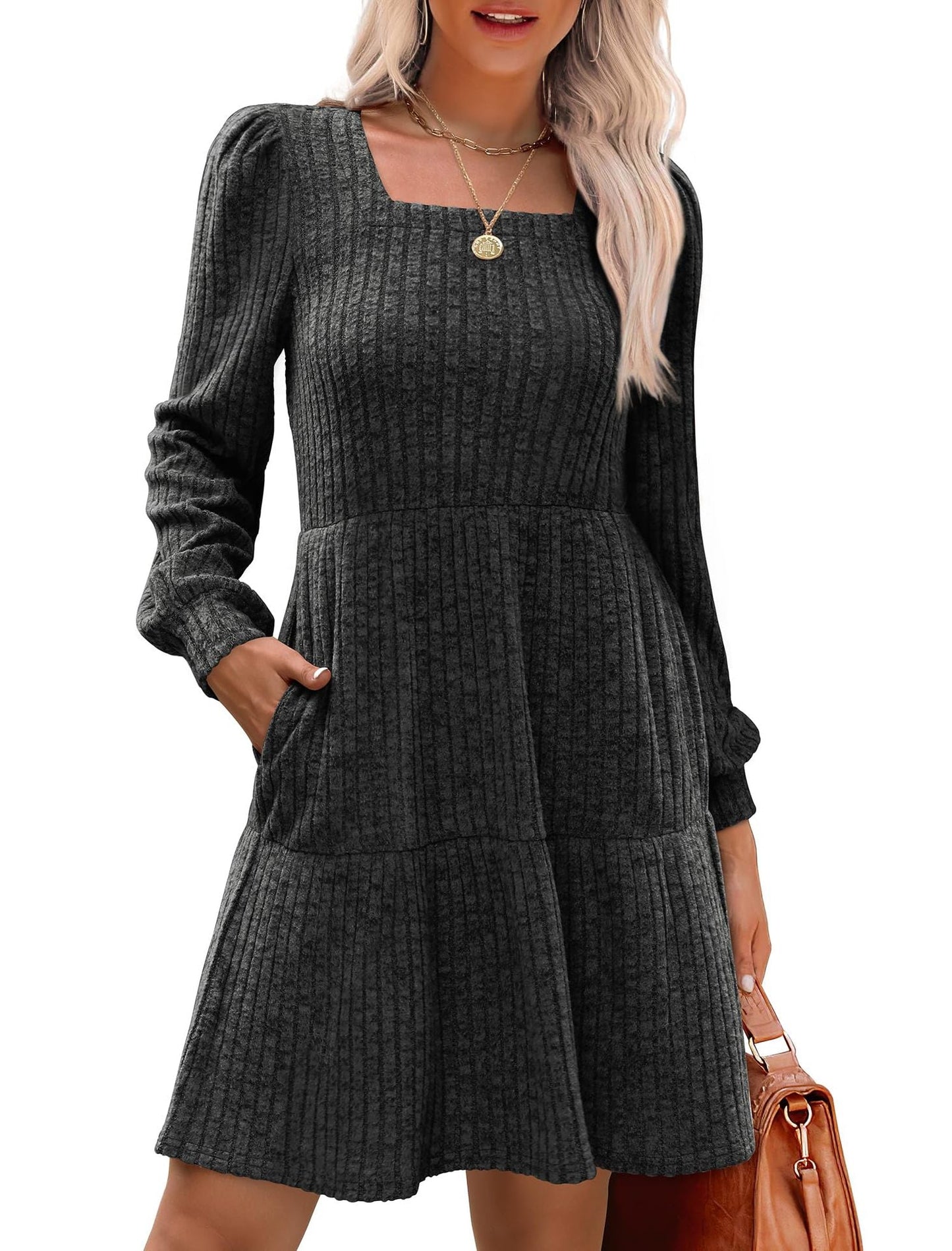 Women's Square Neck Long Sleeve Autumn Sweater Dress