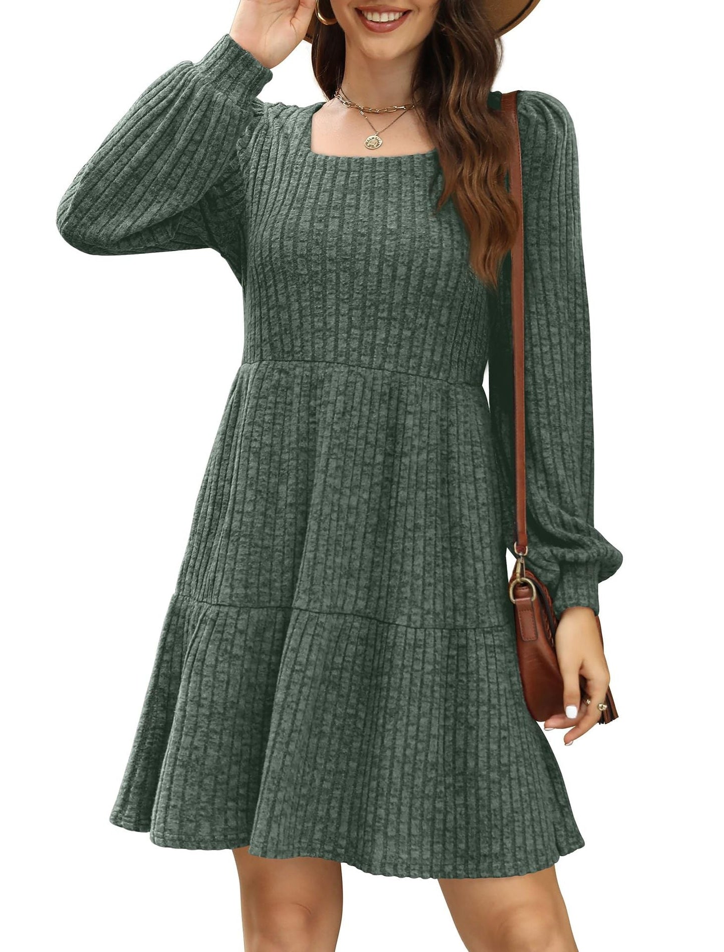 Women's Square Neck Long Sleeve Autumn Sweater Dress