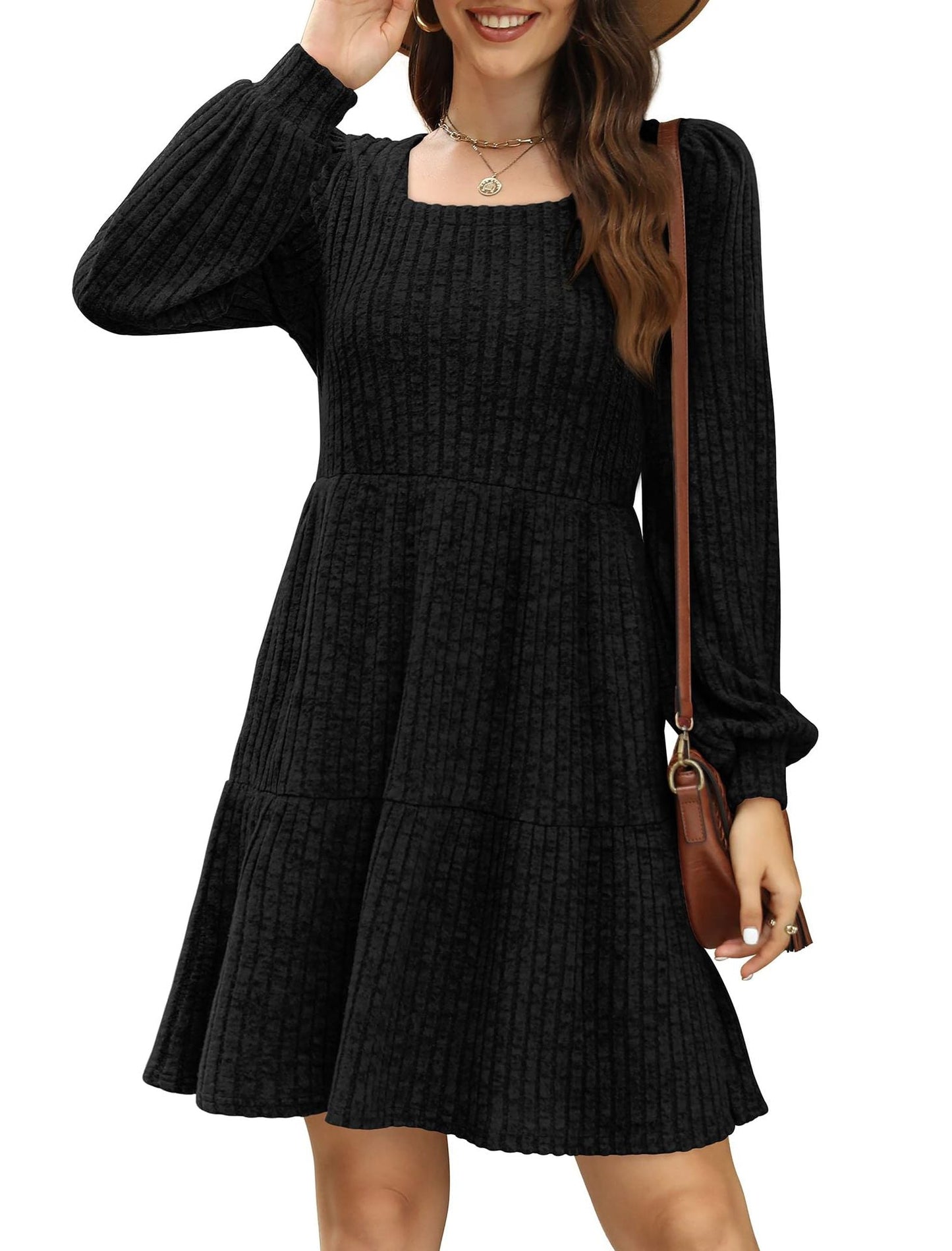 Women's Square Neck Long Sleeve Autumn Sweater Dress