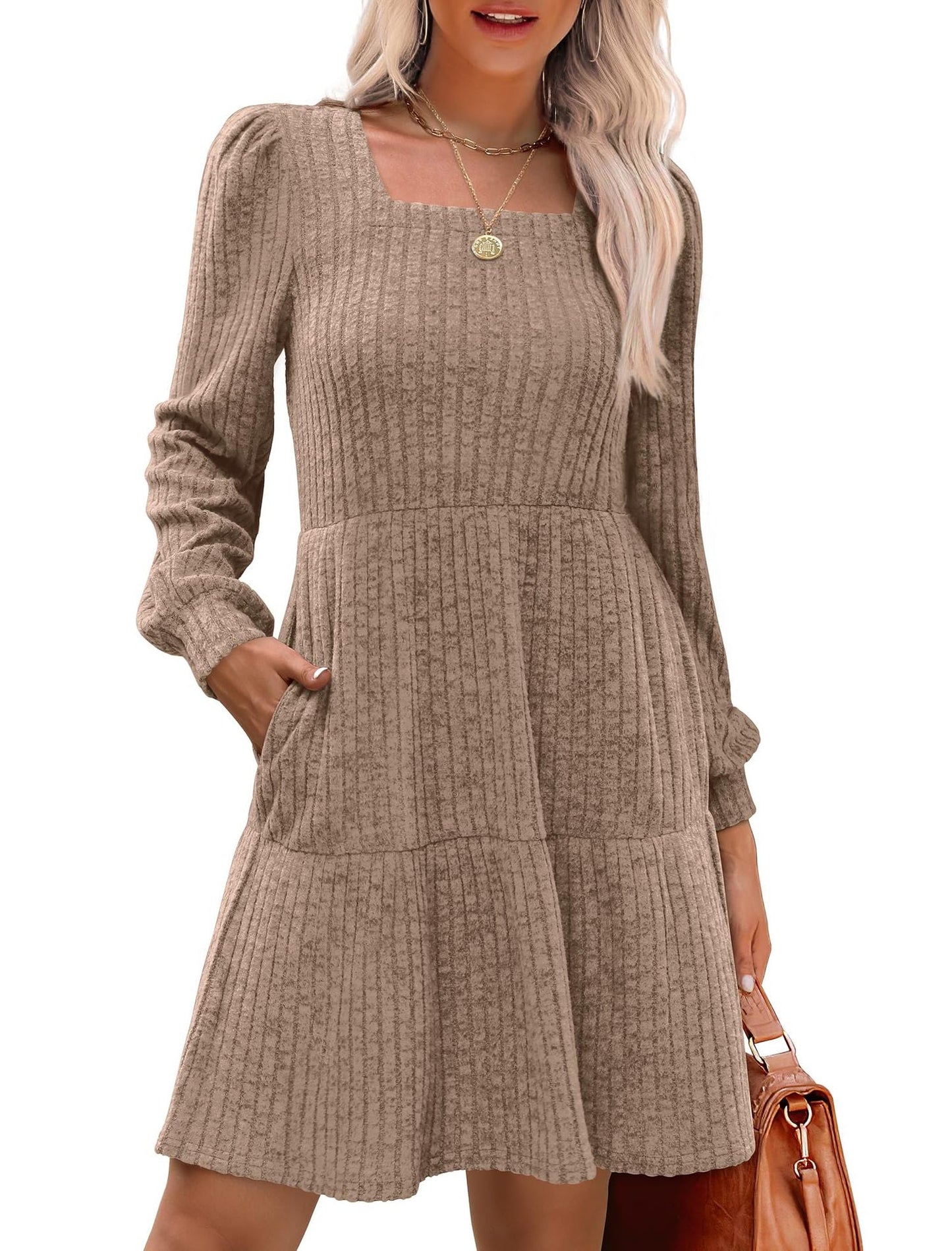 Women's Square Neck Long Sleeve Autumn Sweater Dress
