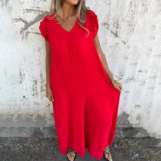 ✨Women's V-neck leopard print solid color jumpsuit