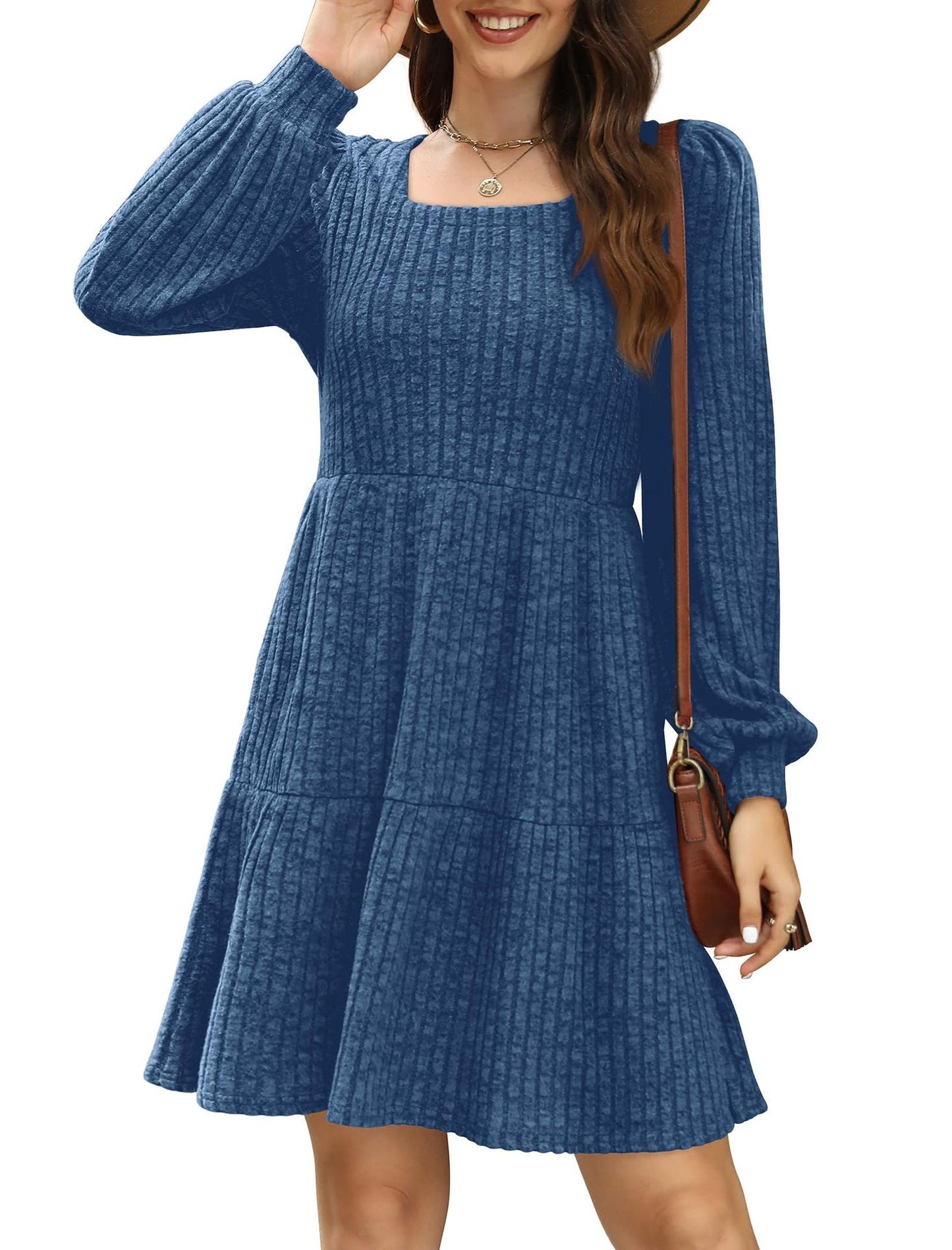 Women's Square Neck Long Sleeve Autumn Sweater Dress