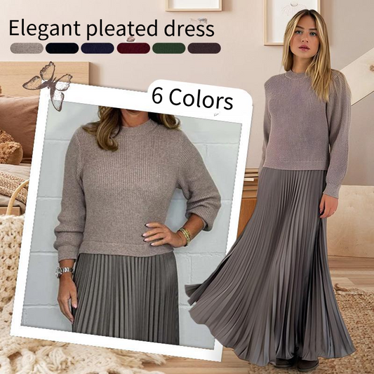 💜 Women's solid color Long Sleeve Jumper & Pleated Bottom Dress
