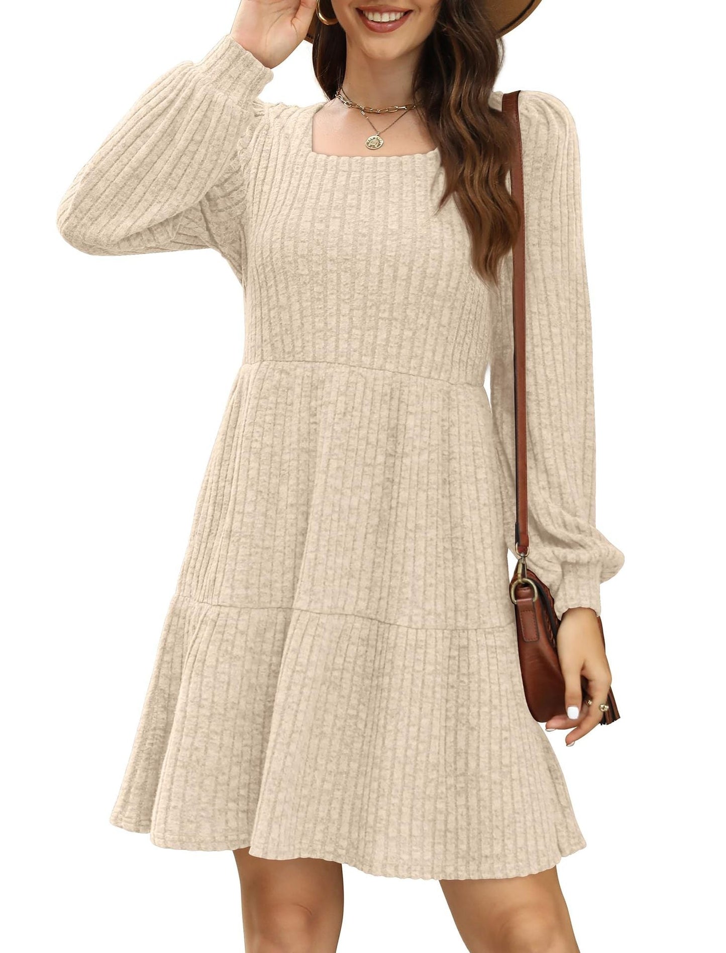 Women's Square Neck Long Sleeve Autumn Sweater Dress