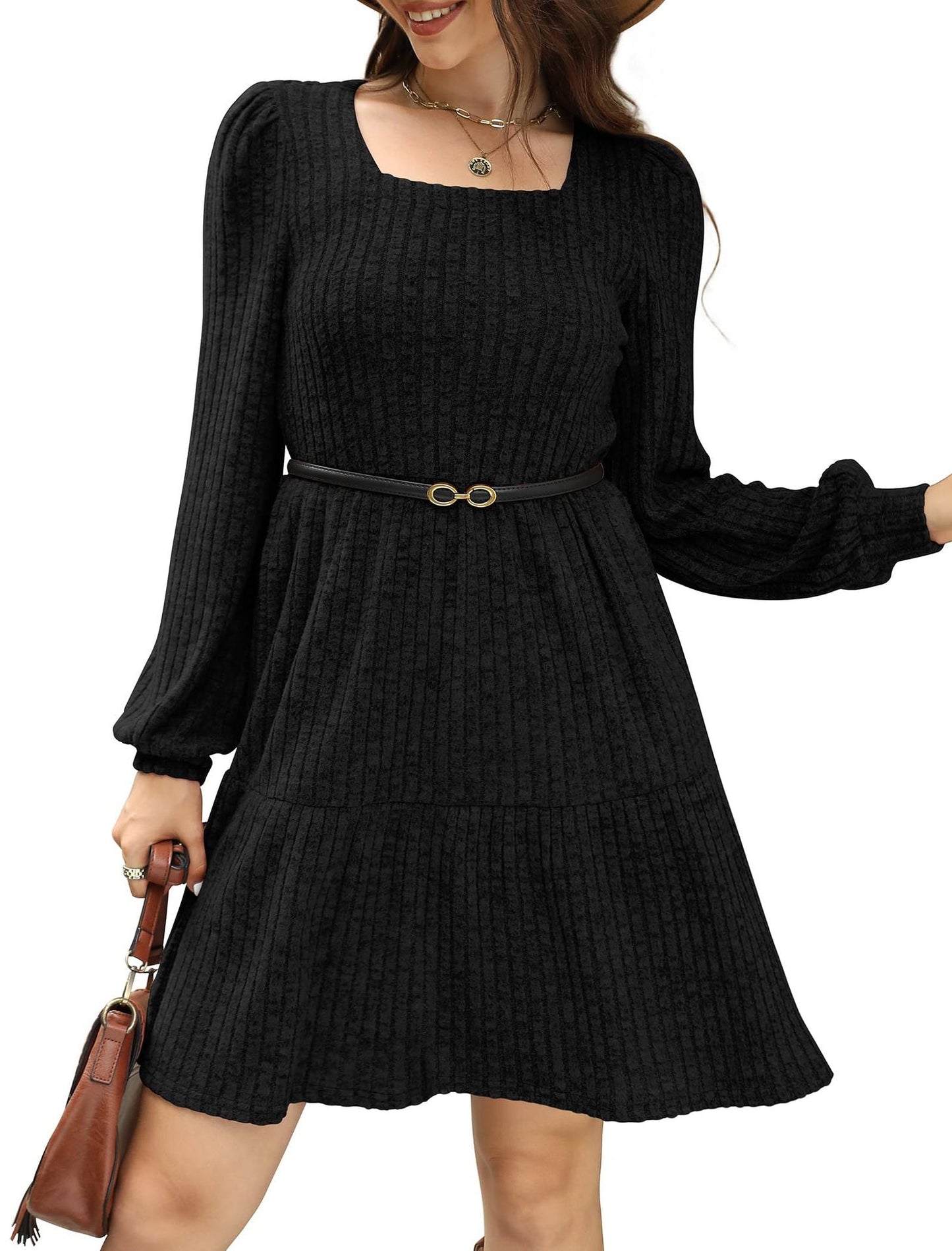 Women's Square Neck Long Sleeve Autumn Sweater Dress