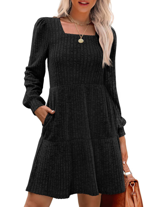 Women's Square Neck Long Sleeve Autumn Sweater Dress