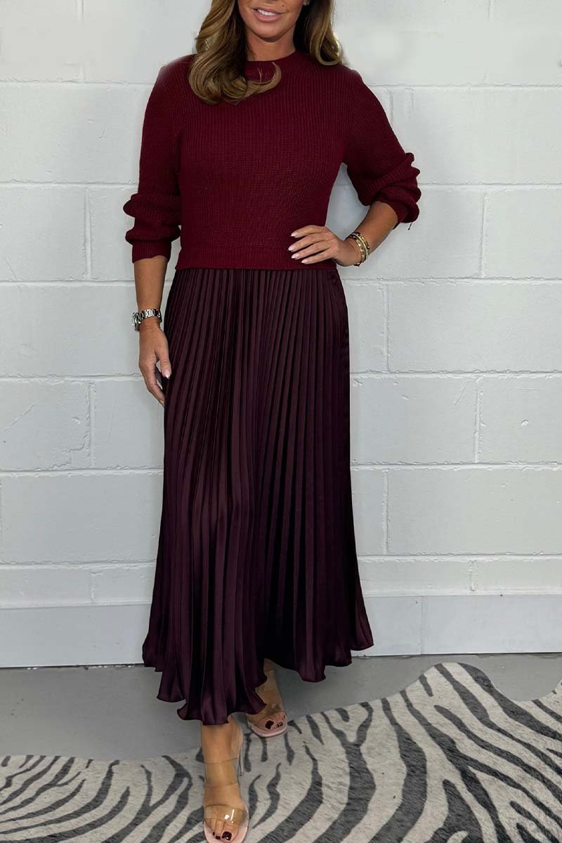 💜 Women's solid color Long Sleeve Jumper & Pleated Bottom Dress
