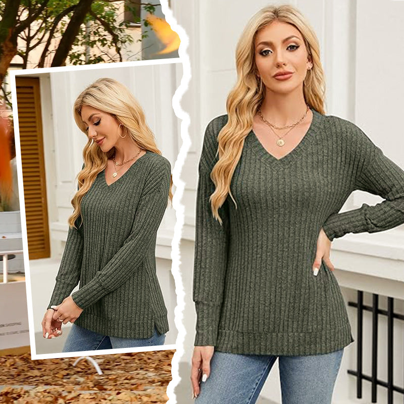 🍂Autumn Hot Sale 50% OFF🔥Women's V Neck Long Sleeve Solid Sweater